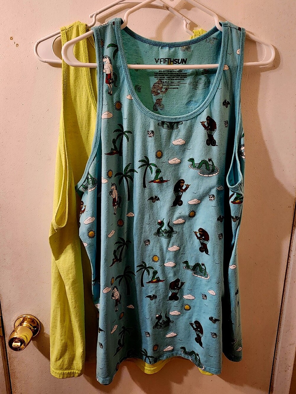 Fifth Sun Teal Beach Print Tank & Yellow Fruit Of The Loom Men's Tank Top Bundle